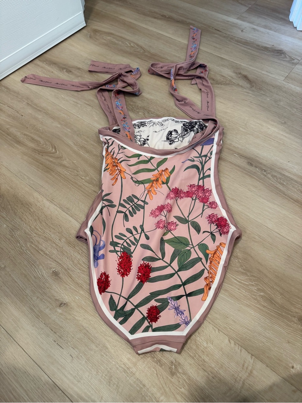 Women Pink Floral One-Piece Swimsuit with Tie Straps